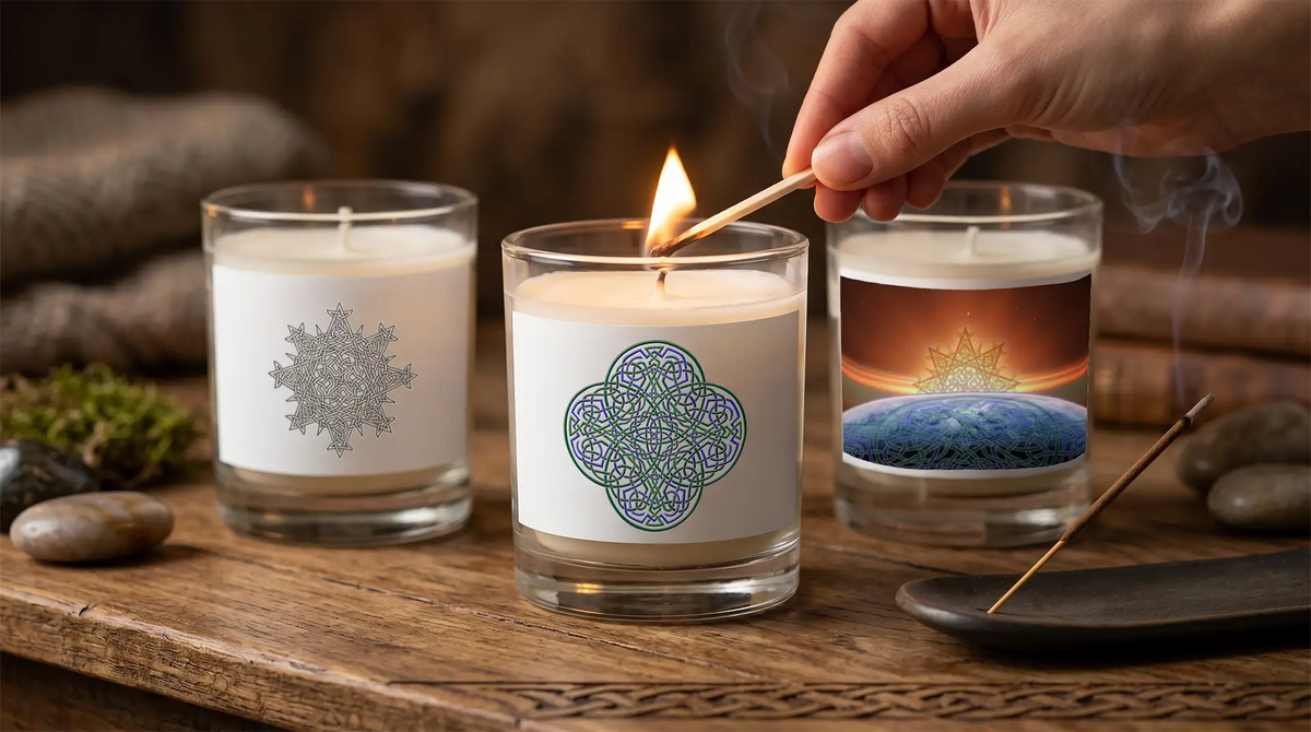3 Xigfireon soy wax candles featuring the `Morning Star Fire`, `Reach Of The Spirit`, and `Derivation II` Celtic knot designs.