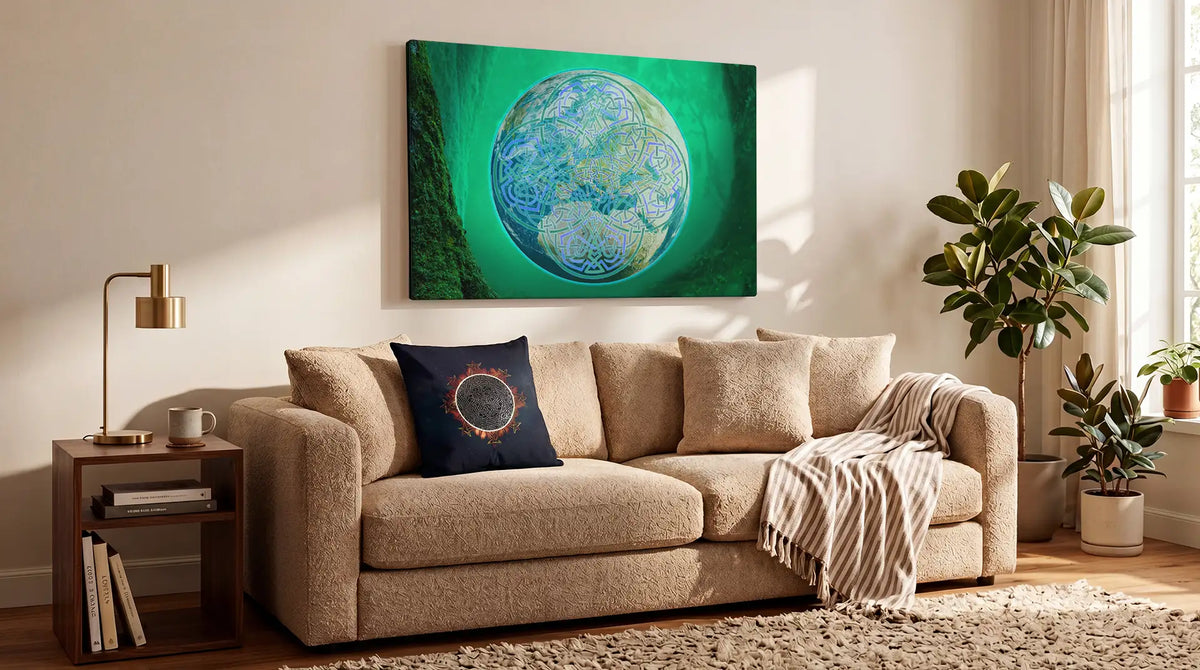 A living room with a 36" x 24" `Reach Of The Spirit` Deep Forest Celtic knot canvas print hanging on the wall above a sofa, and a 18" x 18" Xigfireon pillow featuring the Eclipsed iteration of the `Morning Star Fire` Celtic knot design.