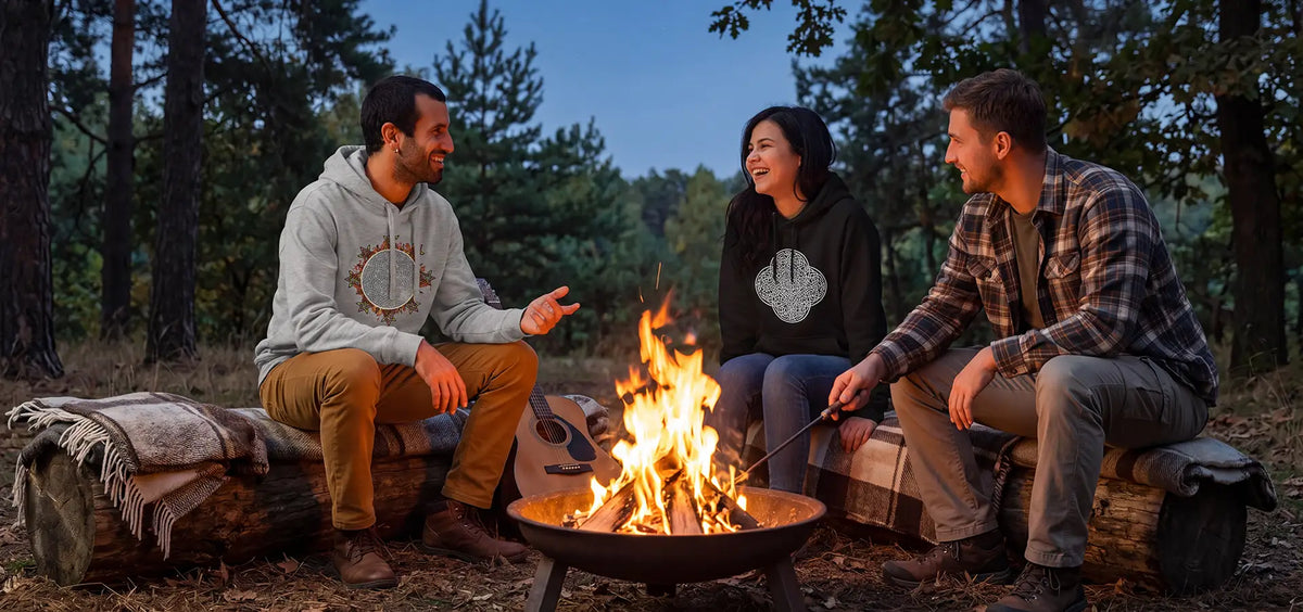 A group of people sitting around a camp fire, with 2 of them wearing Xigfireon Celtic knot graphic hoodies.