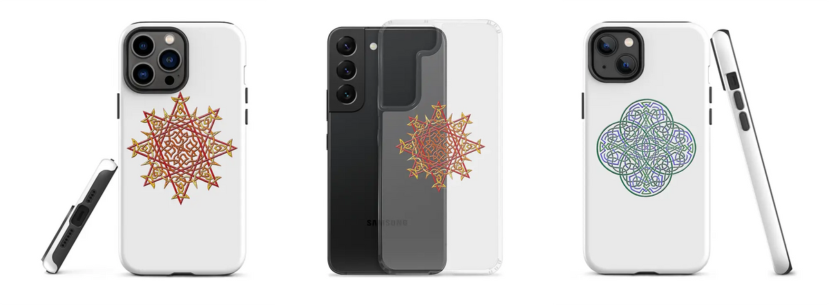 An array of phones with Xigfireon Celtic knot design cases for both iPhones and Samsung phones.