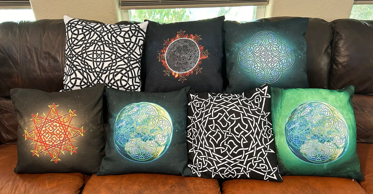 An array of 7 iterations of Xigfireon 18 inch by 18 inch pillowcase designs.