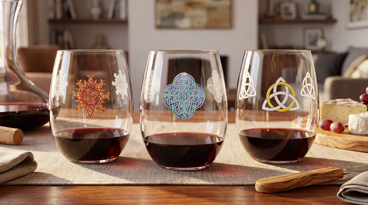 A dining room table showing 3 Xigfireon stemless wine glasses featuring Morning Star Fire, Reach Of The Spirit, and Trinity Knot Celtic knot designs.