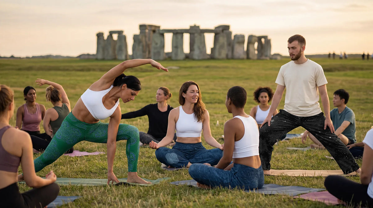 A group of people preparing for a yoga session near Stonehenge. Three of them are wearing Xigifreon pants and leggings.