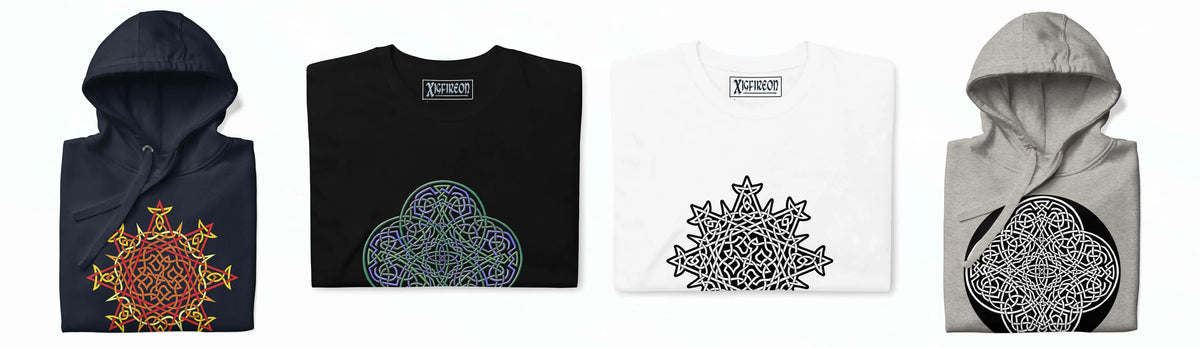We've got hoodies, t-shirts, pants, leggings, and more featuring the `Morning Star Fire` and `Reach Of The Spirit` Celtic knot designs.
