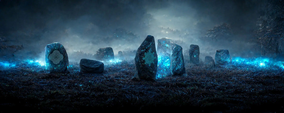 An image of a stone circle at night, with a couple stones featuring glowing `Reach Of The Spirit` (Earth Symbol) and `Morning Star Fire` (Sun Symbol) Celtic knots. Our derivation stems from the cosmic dance between Sun and Earth.