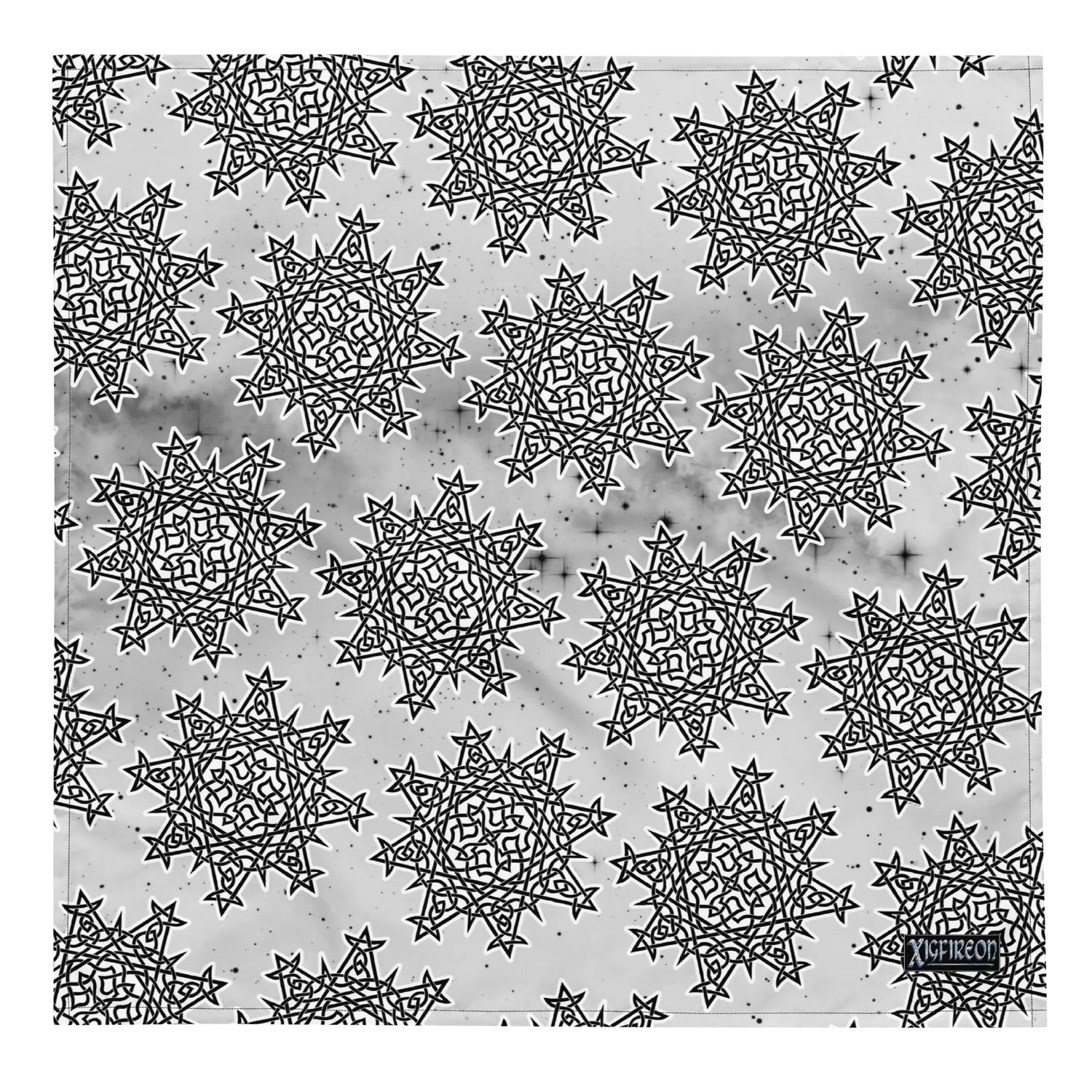 A Xigfireon bandana adorned with the  Black and White Solid Cosmos Inverted patterned series of the Morning Star Fire Celtic knot design.