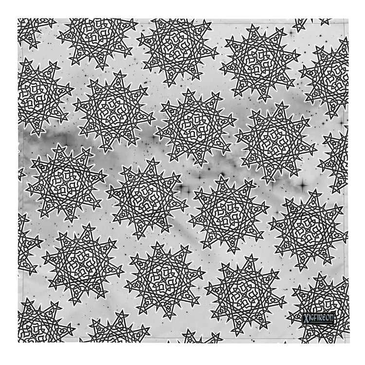 A Xigfireon bandana adorned with the  Black and White Solid Cosmos Inverted patterned series of the Morning Star Fire Celtic knot design.