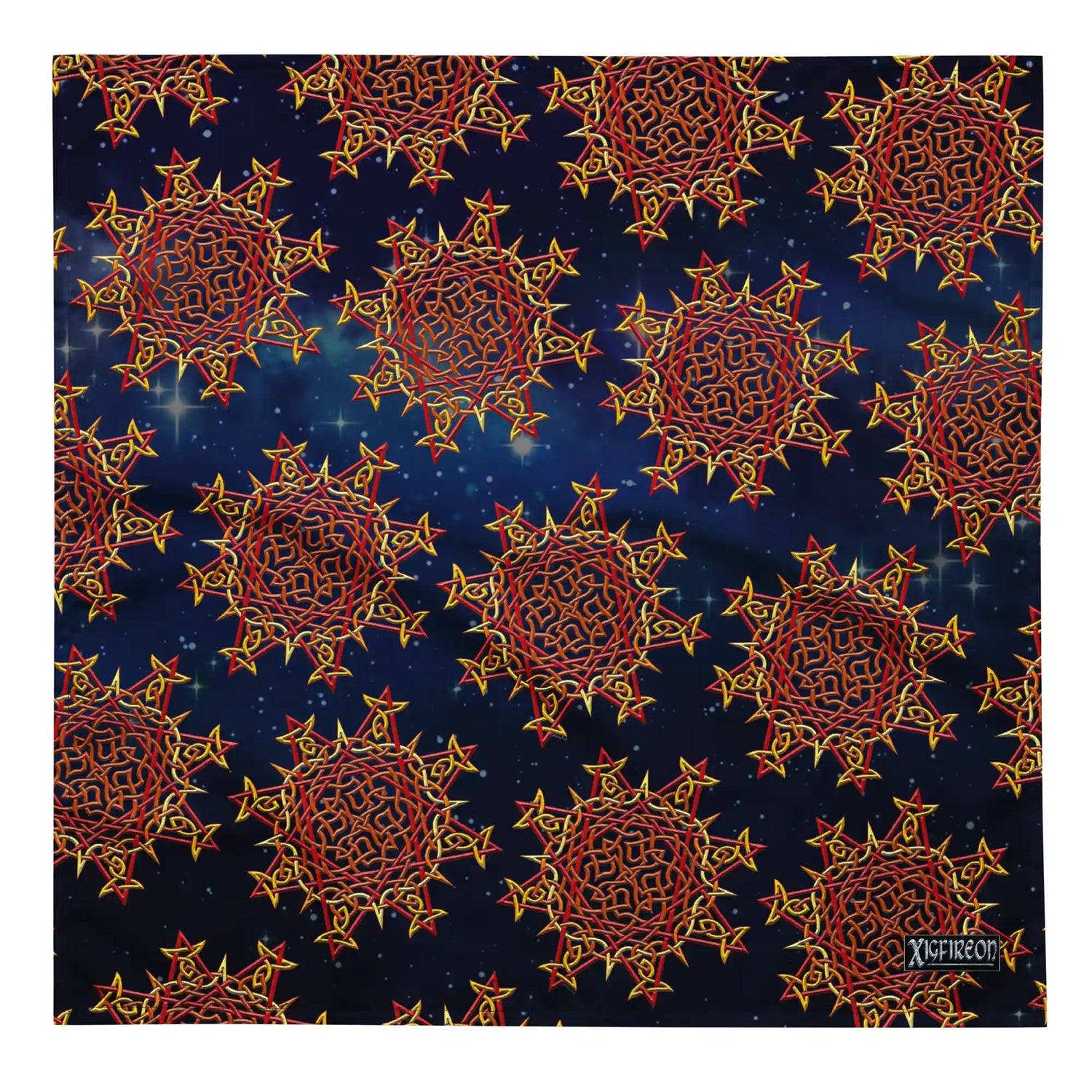 A large Xigfireon bandana adorned with the Fire Colour Cosmos patterned series of the `Morning Star Fire` Celtic knot design.