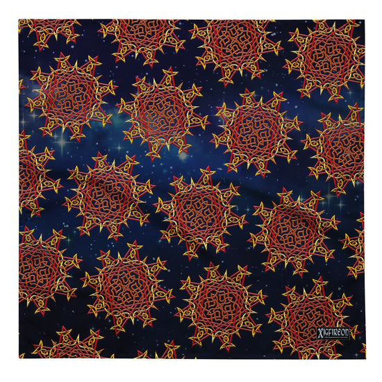 A large Xigfireon bandana adorned with the Fire Colour Cosmos patterned series of the `Morning Star Fire` Celtic knot design.