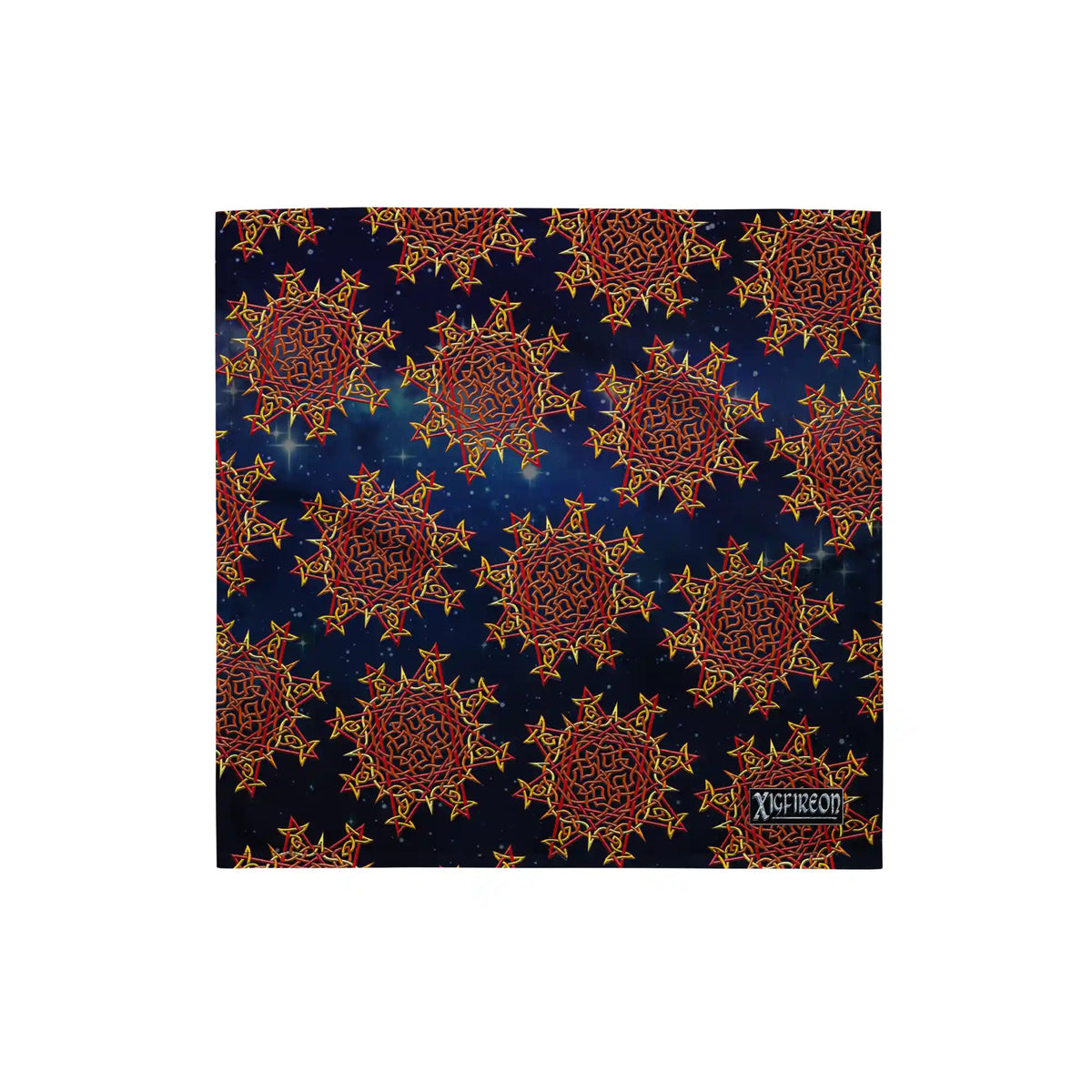 A small Xigfireon bandana adorned with the Fire Colour Cosmos patterned series of the Morning Star Fire Celtic knot design.