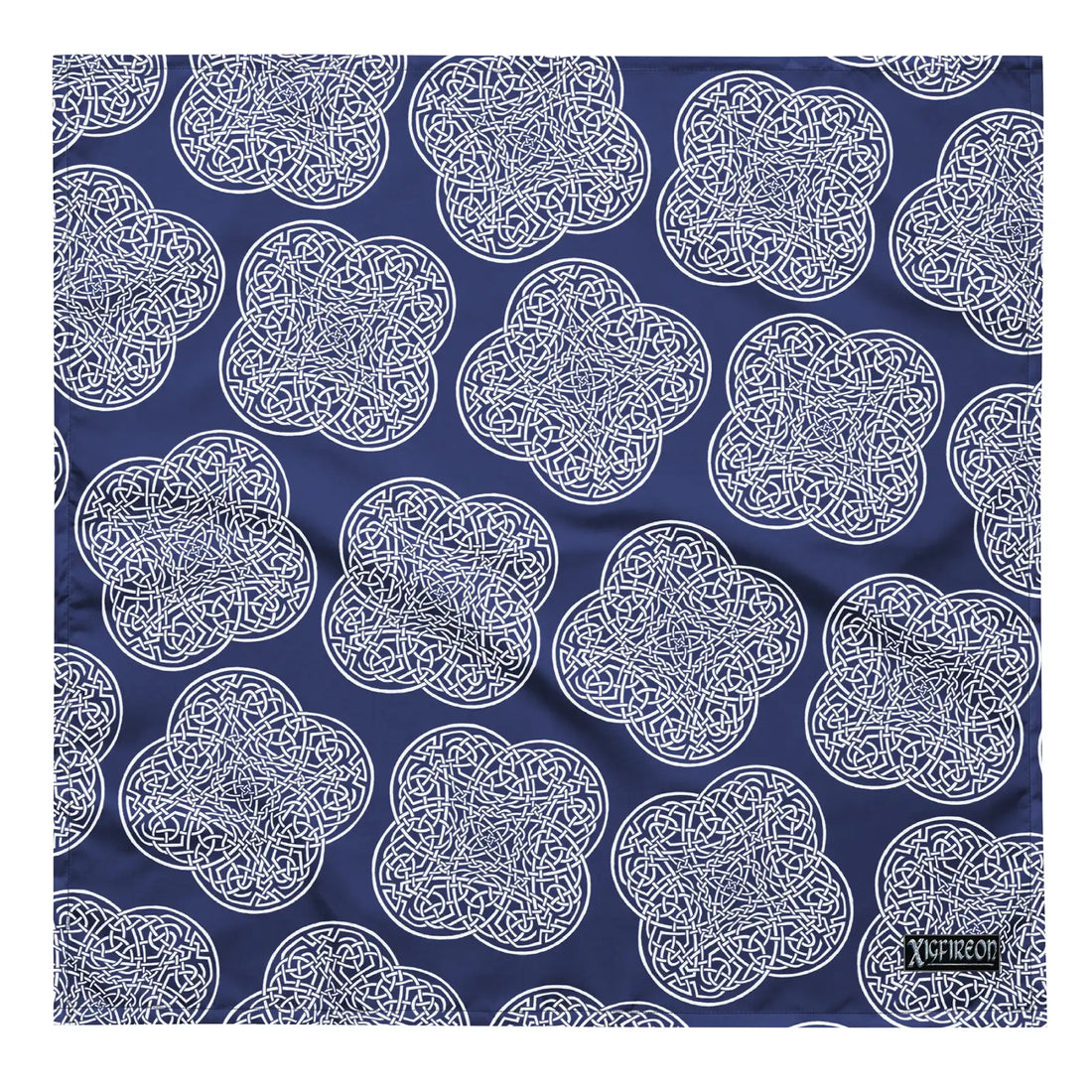 Celtic knot bandana by Xigfireon featuring the Navy Blue &amp; White patterned series of the Reach Of The Spirit design. Large size measuring 24 ¼ inches by 24 ¼ inches.