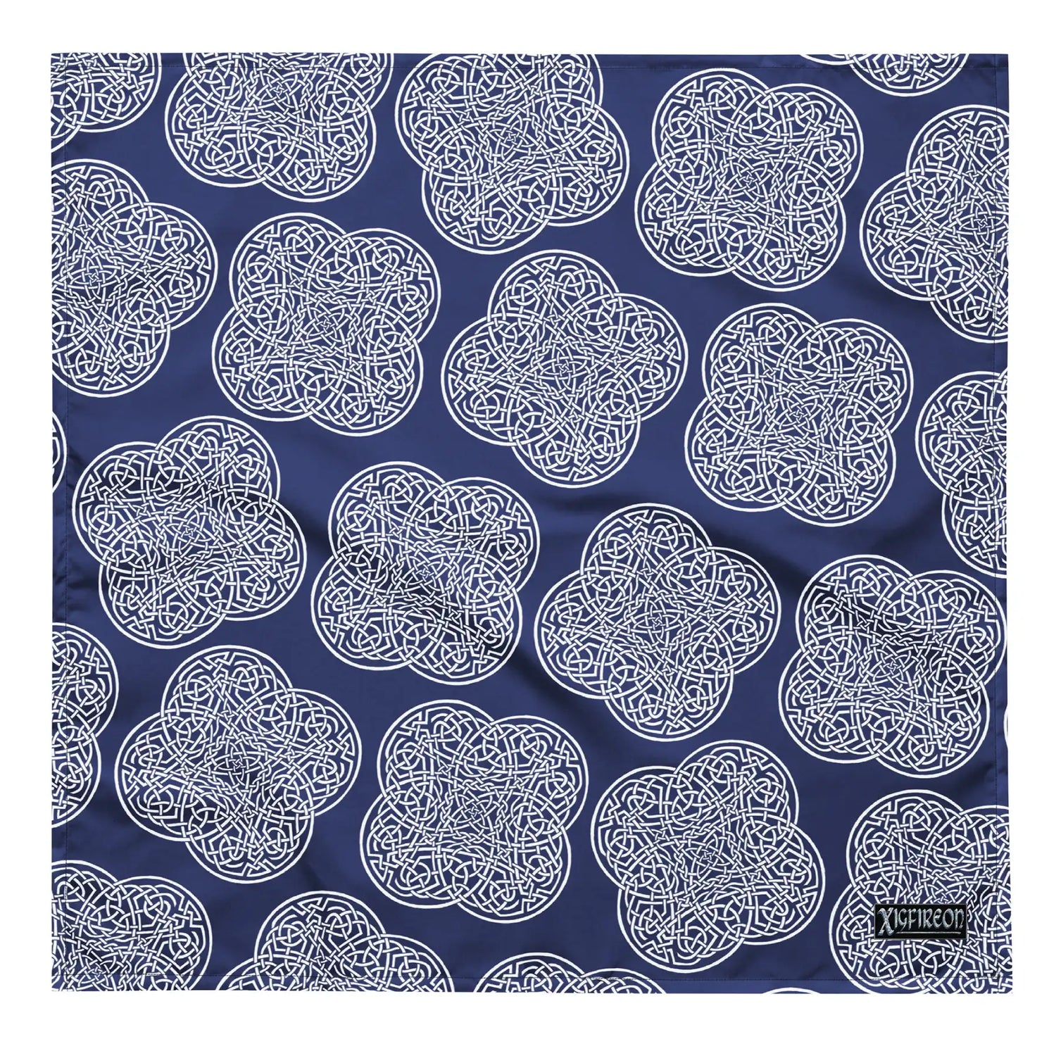 Celtic knot bandana by Xigfireon featuring the Navy Blue & White patterned series of the `Reach Of The Spirit` design. Large size measuring 24 ¼ inches by 24 ¼ inches.