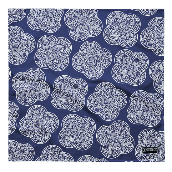 Celtic knot bandana by Xigfireon featuring the Navy Blue & White patterned series of the `Reach Of The Spirit` design. Large size measuring 24 ¼ inches by 24 ¼ inches.