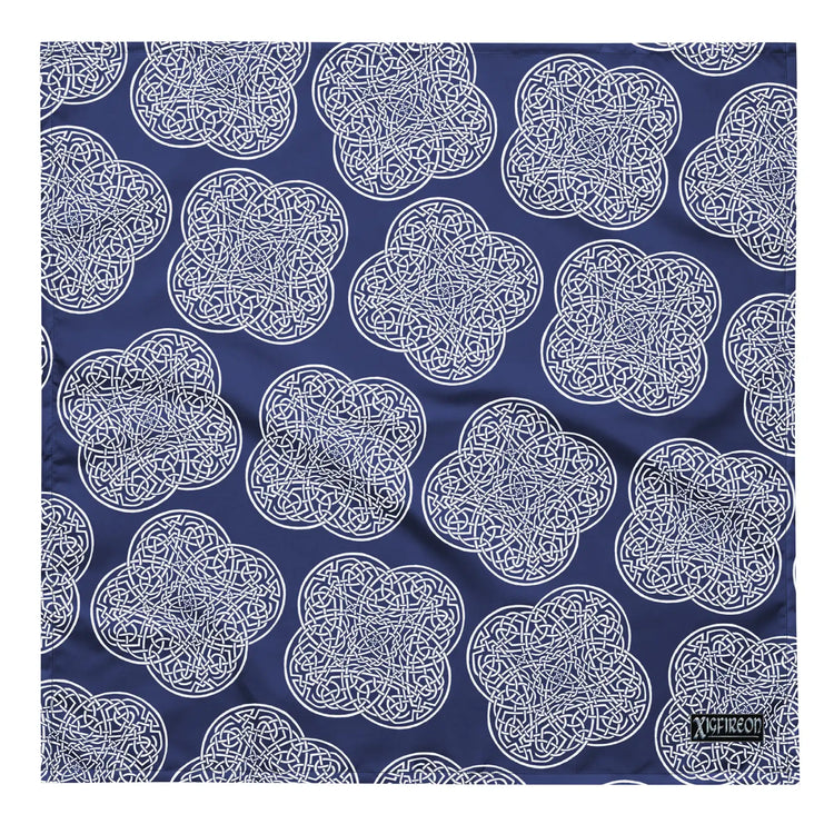 Celtic knot bandana by Xigfireon featuring the Navy Blue & White patterned series of the `Reach Of The Spirit` design. Large size measuring 24 ¼ inches by 24 ¼ inches.