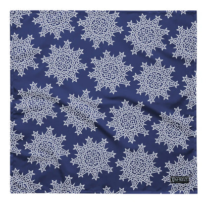 A large Xigfireon bandana adorned with the Navy Blue and White patterned series of the Morning Star Fire Celtic knot design.