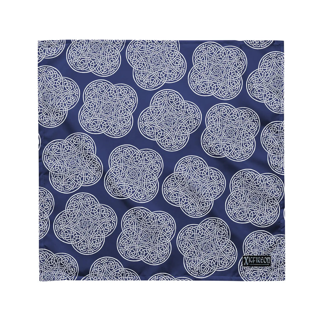 Celtic knot bandana by Xigfireon featuring the Navy Blue &amp; White patterned series of the Reach Of The Spirit design. Medium size measuring 21 ¼ inches by 21 ¼ inches.