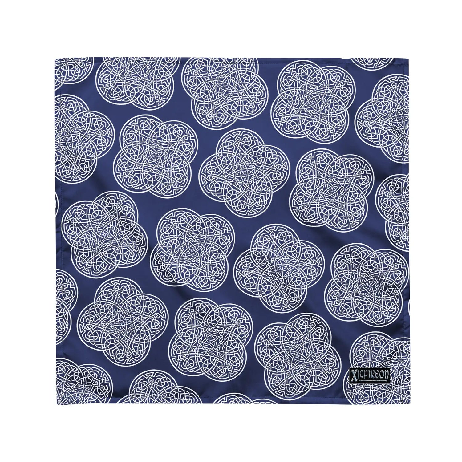 Celtic knot bandana by Xigfireon featuring the Navy Blue & White patterned series of the `Reach Of The Spirit` design. Medium size measuring 21 ¼ inches by 21 ¼ inches.