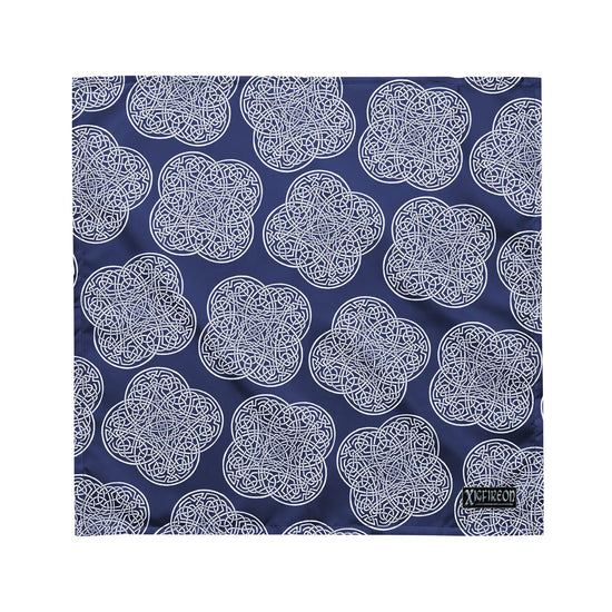Celtic knot bandana by Xigfireon featuring the Navy Blue & White patterned series of the `Reach Of The Spirit` design. Medium size measuring 21 ¼ inches by 21 ¼ inches.