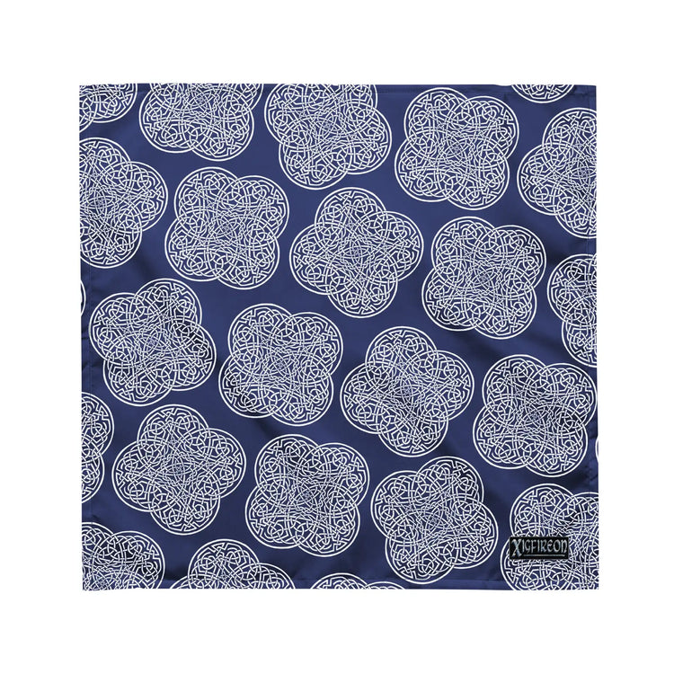 Celtic knot bandana by Xigfireon featuring the Navy Blue & White patterned series of the `Reach Of The Spirit` design. Medium size measuring 21 ¼ inches by 21 ¼ inches.