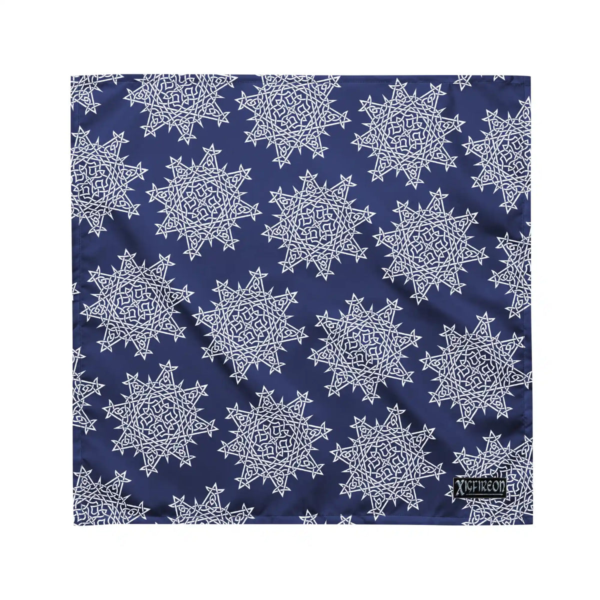 A medium Xigfireon bandana adorned with the Navy Blue and White patterned series of the Morning Star Fire Celtic knot design.