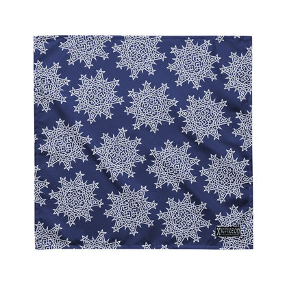 A medium Xigfireon bandana adorned with the Navy Blue and White patterned series of the Morning Star Fire Celtic knot design.