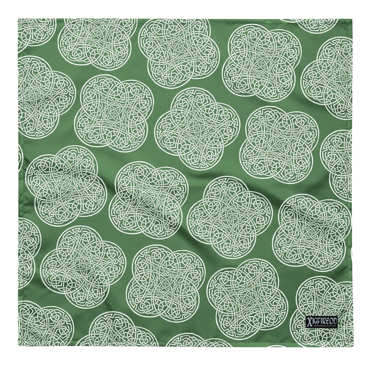 Celtic knot bandana by Xigfireon featuring the Olive Green & White patterned series of the `Reach Of The Spirit` design. Large size measuring 24 ¼ inches by 24 ¼ inches.