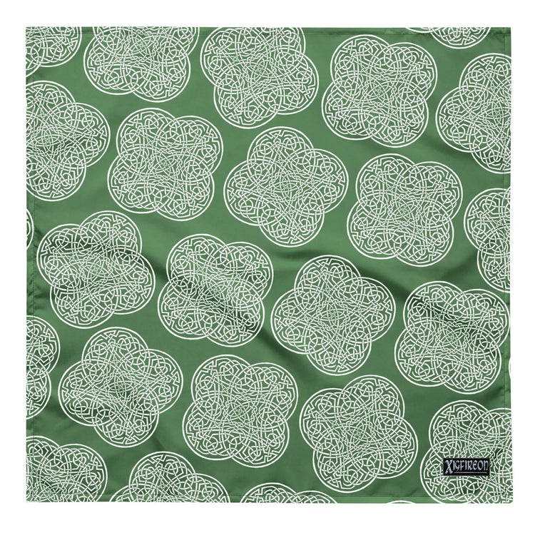 Celtic knot bandana by Xigfireon featuring the Olive Green & White patterned series of the `Reach Of The Spirit` design. Large size measuring 24 ¼ inches by 24 ¼ inches.
