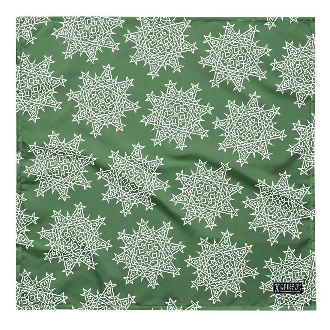 A large Xigfireon bandana adorned with the Olive Green and White patterned series of the Morning Star Fire Celtic knot design.