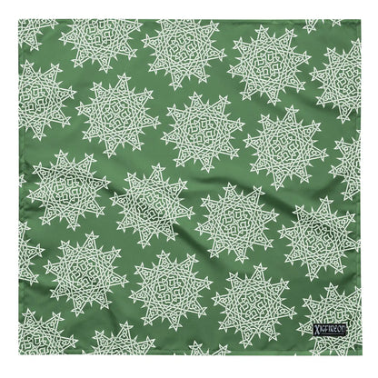 A large Xigfireon bandana adorned with the Olive Green and White patterned series of the Morning Star Fire Celtic knot design.