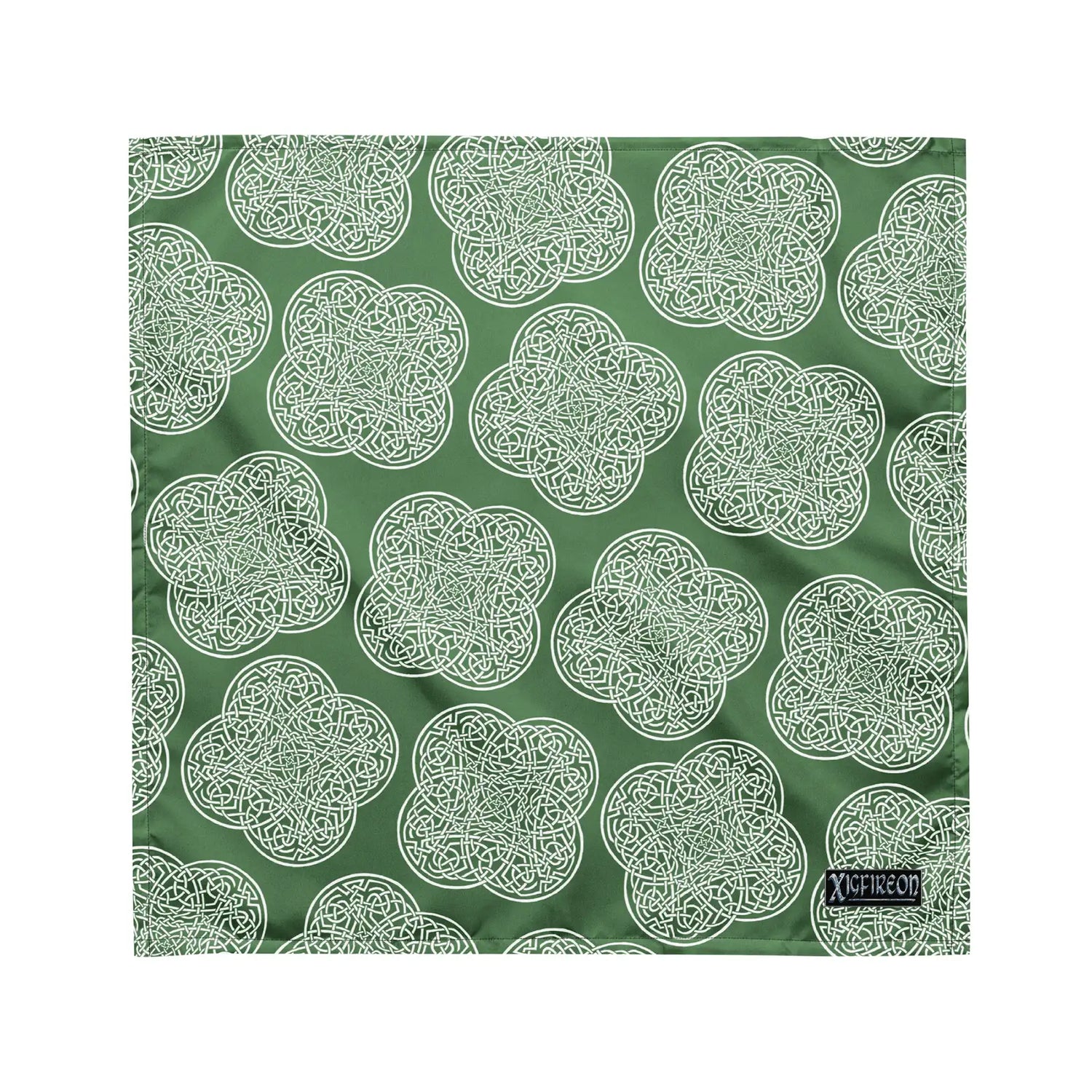Celtic knot bandana by Xigfireon featuring the Olive Green & White patterned series of the `Reach Of The Spirit` design. Medium size measuring 21 ¼ inches by 21 ¼ inches.