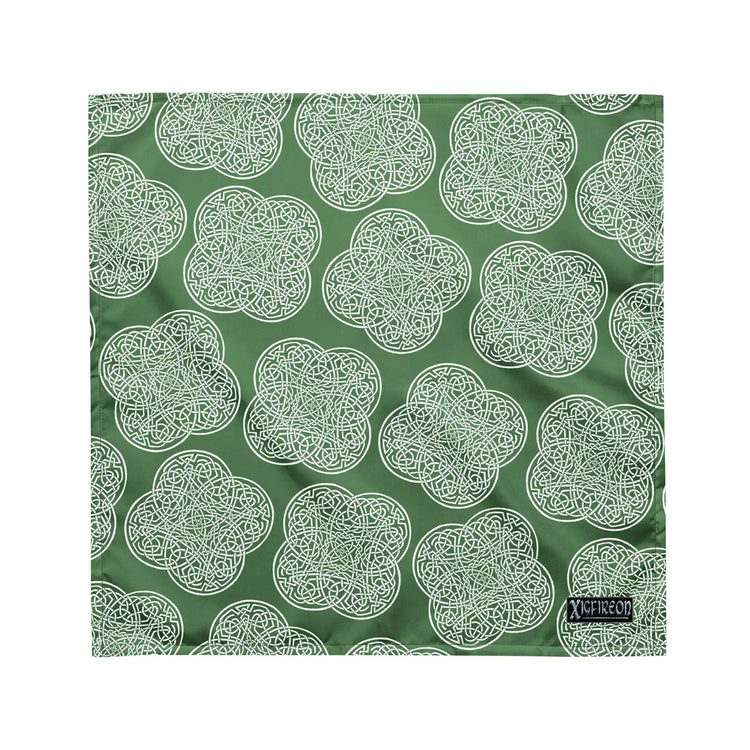 Celtic knot bandana by Xigfireon featuring the Olive Green & White patterned series of the `Reach Of The Spirit` design. Medium size measuring 21 ¼ inches by 21 ¼ inches.