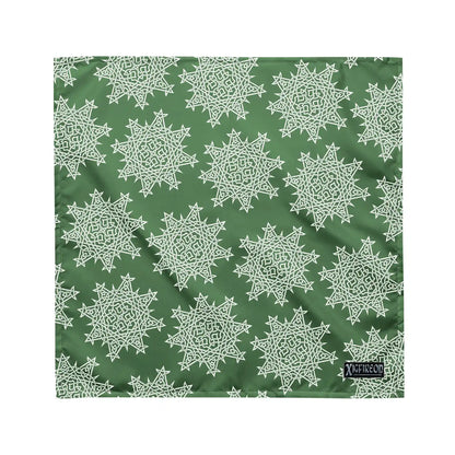 A medium Xigfireon bandana adorned with the Olive Green and White patterned series of the Morning Star Fire Celtic knot design.