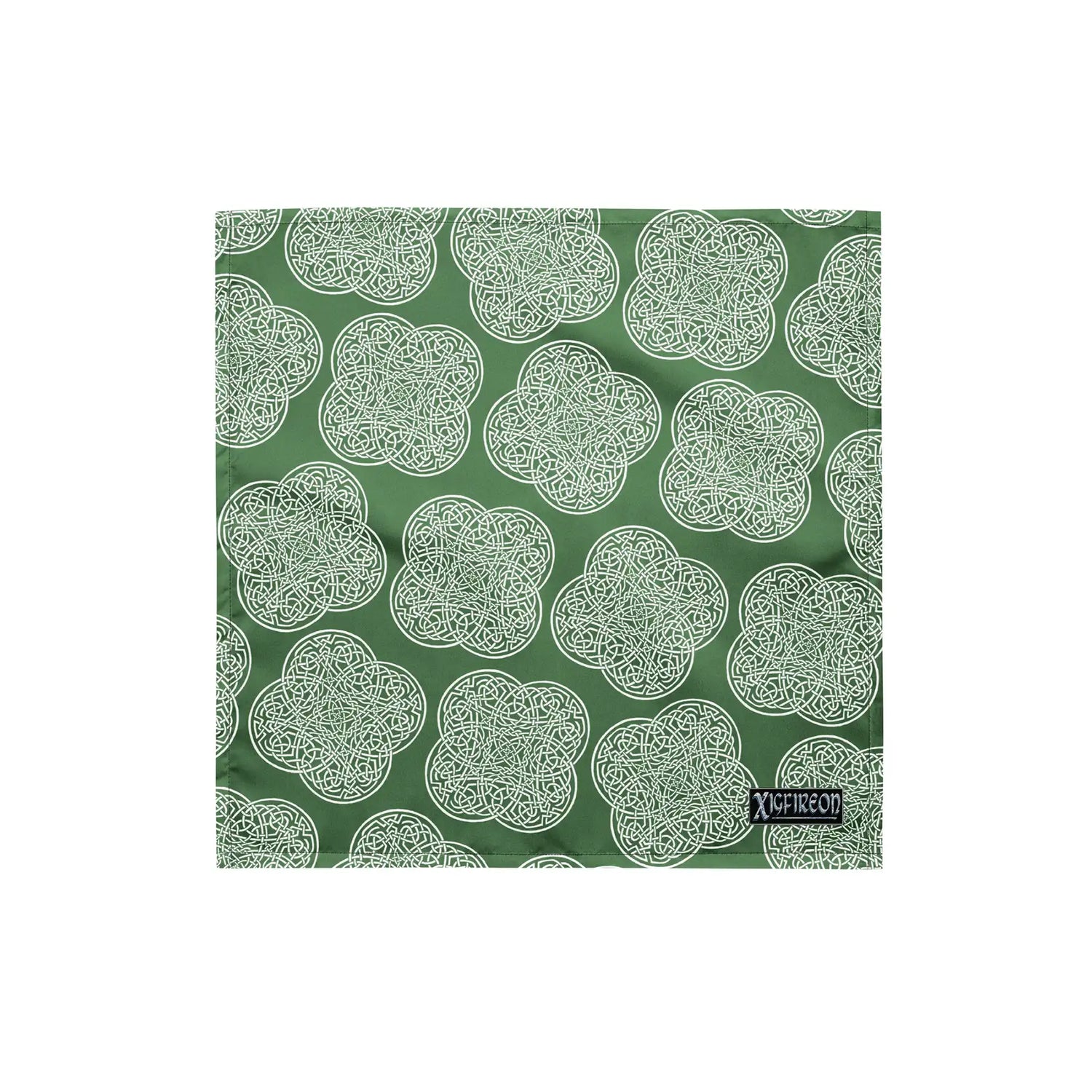 Celtic knot bandana by Xigfireon featuring the Olive Green & White patterned series of the `Reach Of The Spirit` design. Medium size measuring 17 ⅜ inches by 17 ⅜ inches.