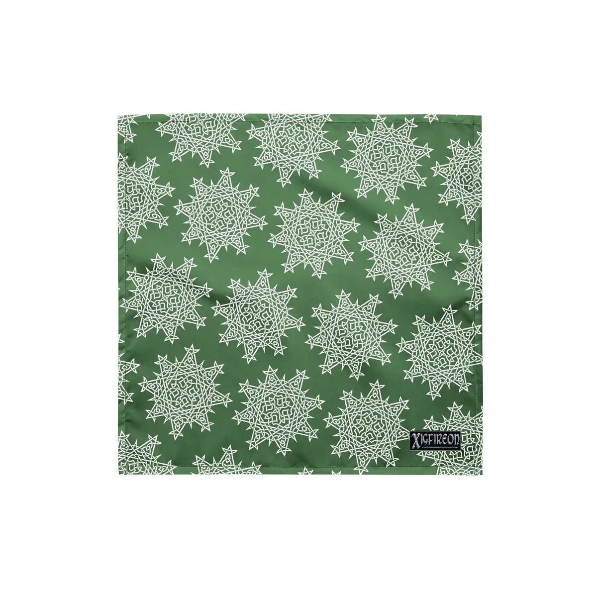 A small Xigfireon bandana adorned with the Olive Green and White patterned series of the Morning Star Fire Celtic knot design.