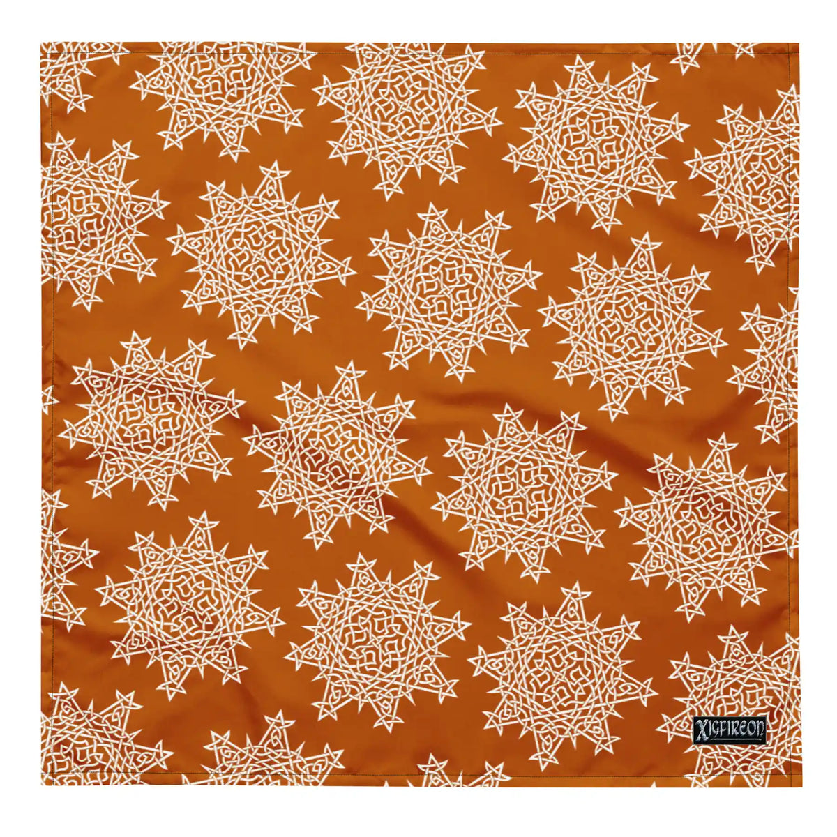 A large Xigfireon bandana adorned with the Orange and White patterned series of the Morning Star Fire Celtic knot design.