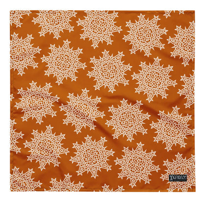 A large Xigfireon bandana adorned with the Orange and White patterned series of the Morning Star Fire Celtic knot design.