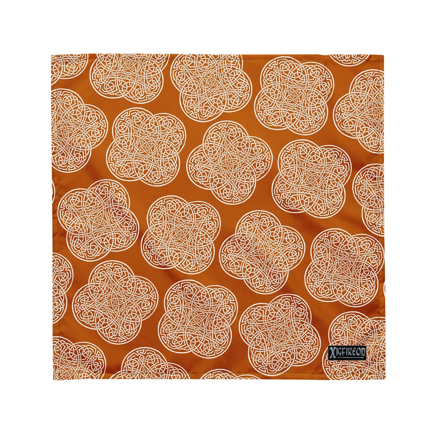 Celtic knot bandana by Xigfireon featuring the Orange & White patterned series of the `Reach Of The Spirit` design. Medium size measuring 21 ¼ inches by 21 ¼ inches.