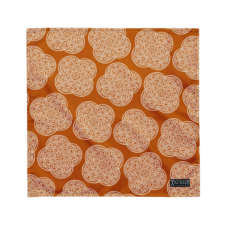 Celtic knot bandana by Xigfireon featuring the Orange & White patterned series of the `Reach Of The Spirit` design. Medium size measuring 21 ¼ inches by 21 ¼ inches.
