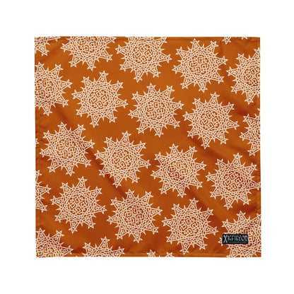 A medium Xigfireon bandana adorned with the Orange and White patterned series of the Morning Star Fire Celtic knot design.