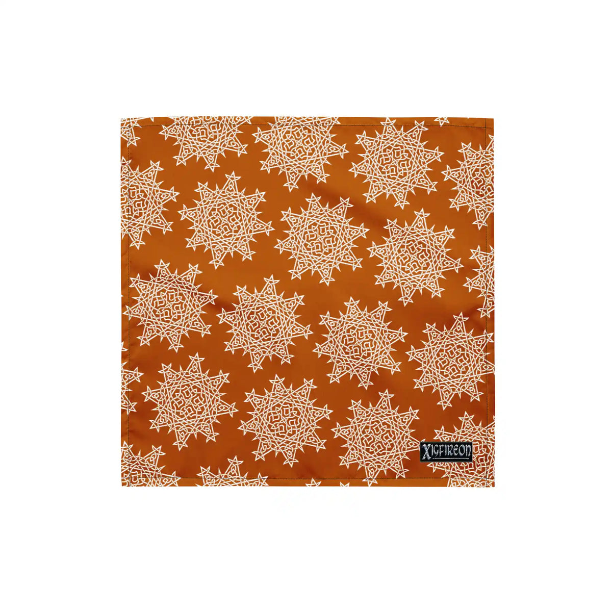 A small Xigfireon bandana adorned with the Orange and White patterned series of the Morning Star Fire Celtic knot design.