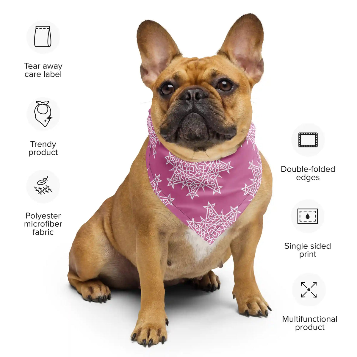 A list of product specs surrounding a puppy wearing a Xigfireon bandana adorned with the Morning Star Fire Pink and White Celtic knot pattern.