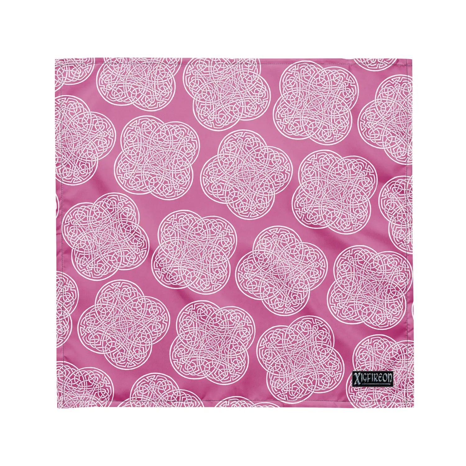 Celtic knot bandana by Xigfireon featuring the Pink & White patterned series of the `Reach Of The Spirit` design. Medium size measuring 21 ¼ inches by 21 ¼ inches.
