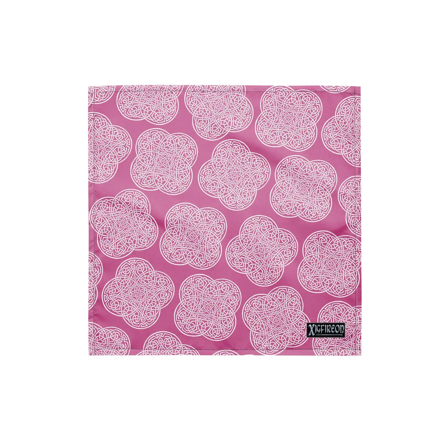 Celtic knot bandana by Xigfireon featuring the Pink & White patterned series of the `Reach Of The Spirit` design. Small size measuring 17 ⅜ inches by 17 ⅜ inches.