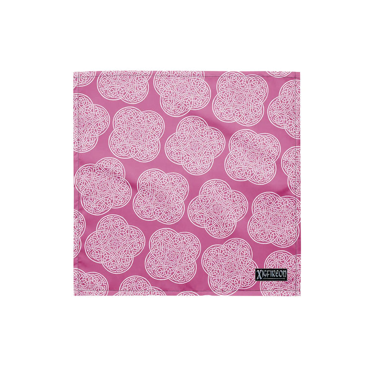 Celtic knot bandana by Xigfireon featuring the Pink & White patterned series of the `Reach Of The Spirit` design. Small size measuring 17 ⅜ inches by 17 ⅜ inches.