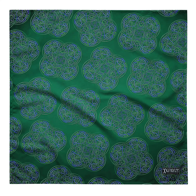 A Xigfireon bandana adorned with the  Living Colour Forest patterned series of the `Reach Of The Spirit` Celtic knot design.