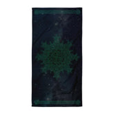 A Xigfireon beach towel (or bath towel) featuring the Celestial iteration of the `Morning Star Fire` Celtic knot with braided borders ending in triskelions at the narrow ends.