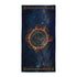 A Xigfireon beach towel (or bath towel) featuring the Eclipsed iteration of the `Morning Star Fire` Celtic knot with braided borders ending in triskelions at the narrow ends.