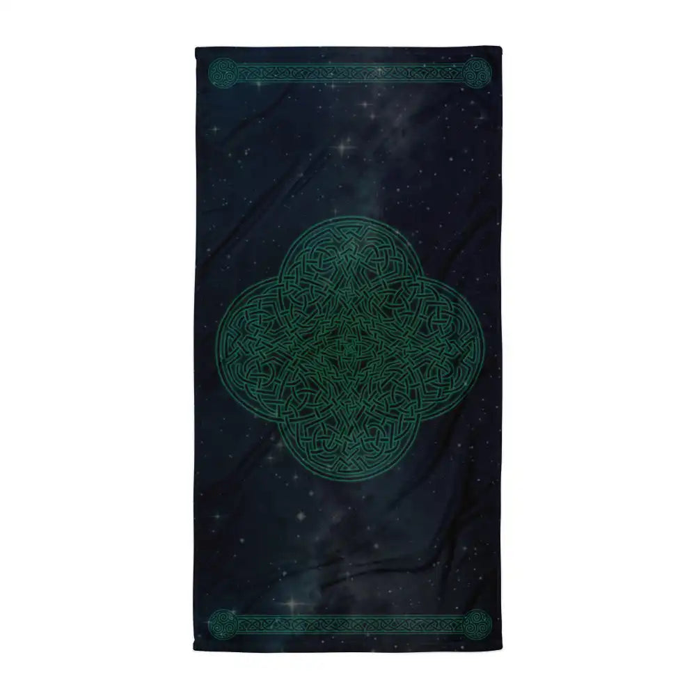 A Xigfireon bath and beach towel featuring the Celestial iteration of the Reach Of The Spirit Celtic knot design displayed against a brilliant star-filled night sky.