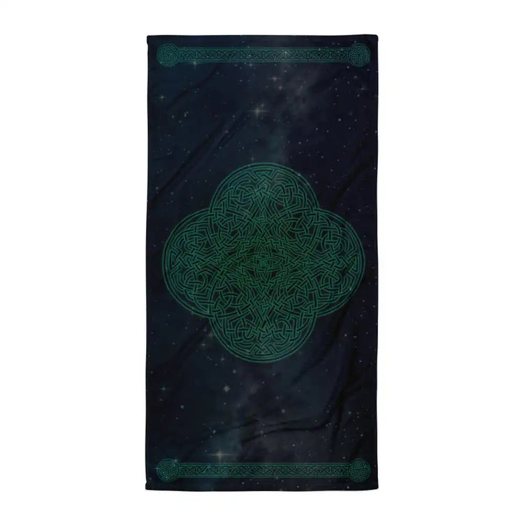 A Xigfireon bath and beach towel featuring the Celestial iteration of the Reach Of The Spirit Celtic knot design displayed against a brilliant star-filled night sky.