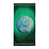 A Xigfireon bath and beach towel featuring the Deep Forest iteration of the Reach Of The Spirit Celtic knot design displayed within a lush green woodland landscape.